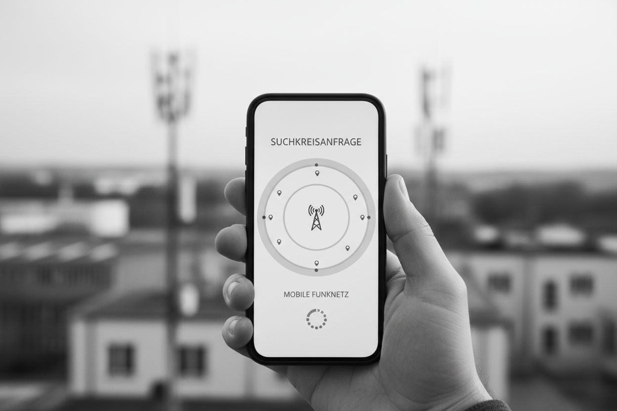 Eine Hand hält ein Smartphone, auf dessen Display eine Suchkreisanfrage für ein mobiles Funknetz mit einem Funkturm-Symbol angezeigt wird.