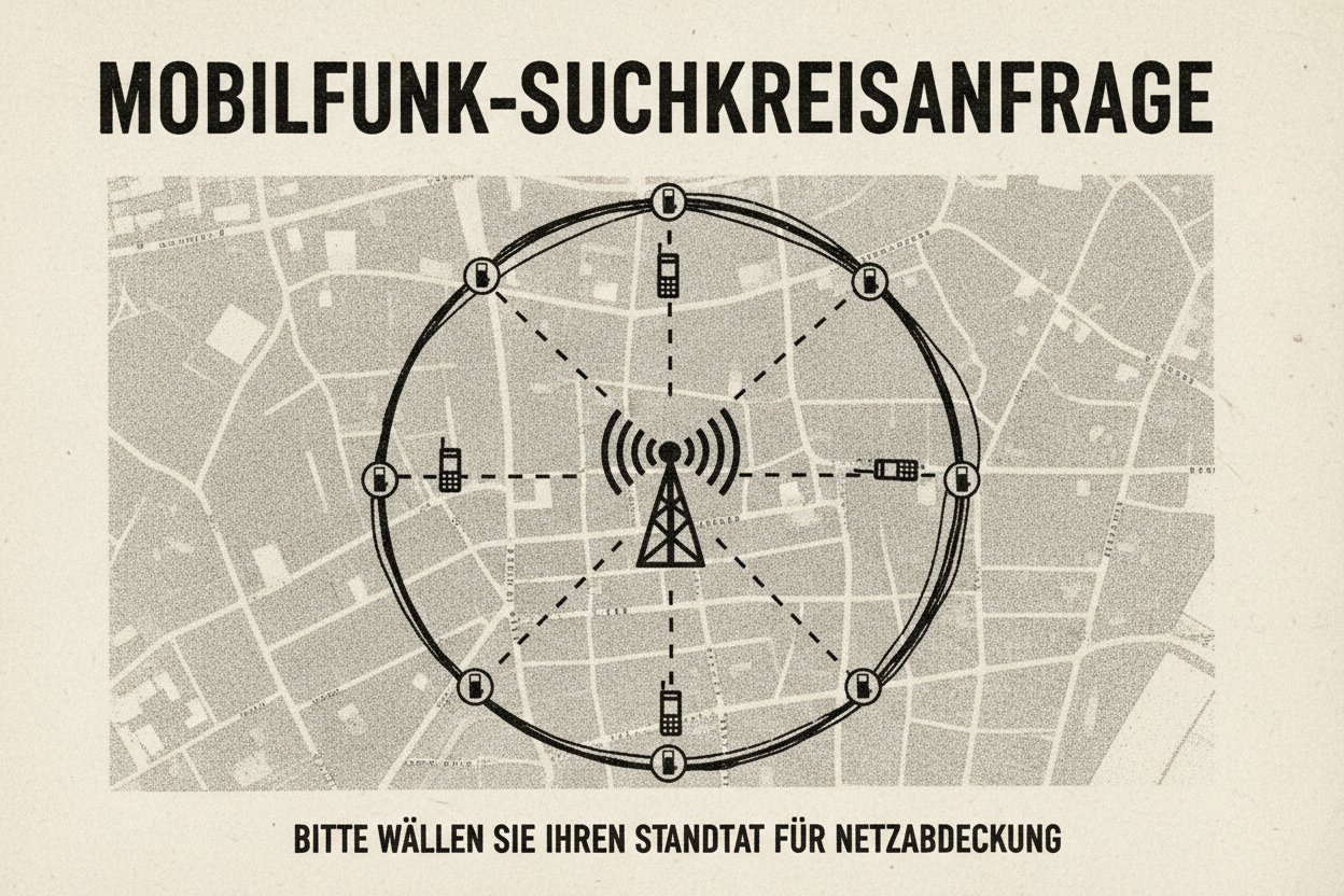 Eine schematische Darstellung einer Mobilfunk-Suchkreisanfrage mit einem Sendemast im Zentrum, der von mehreren Mobiltelefonen in einem Kreis auf einem Stadtplan umgeben ist.