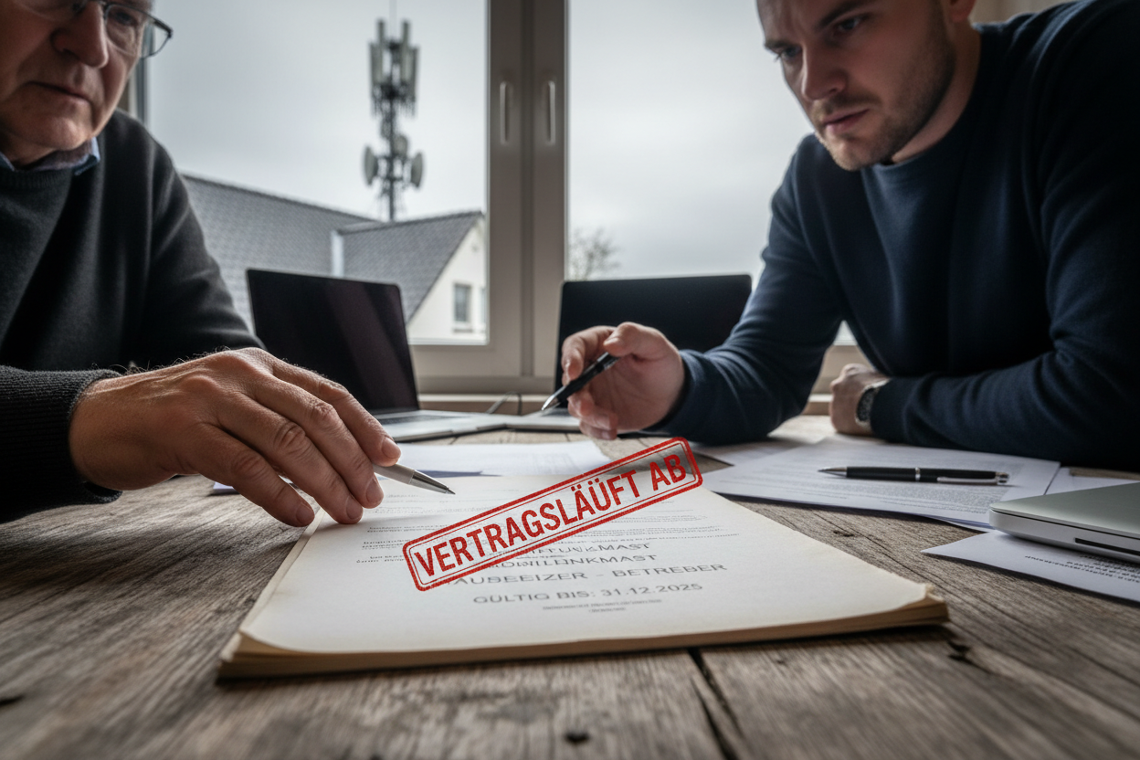 Zwei Männer sitzen an einem Holztisch und besprechen einen Vertrag, der mit dem Stempel „Vertrag läuft ab“ versehen ist.