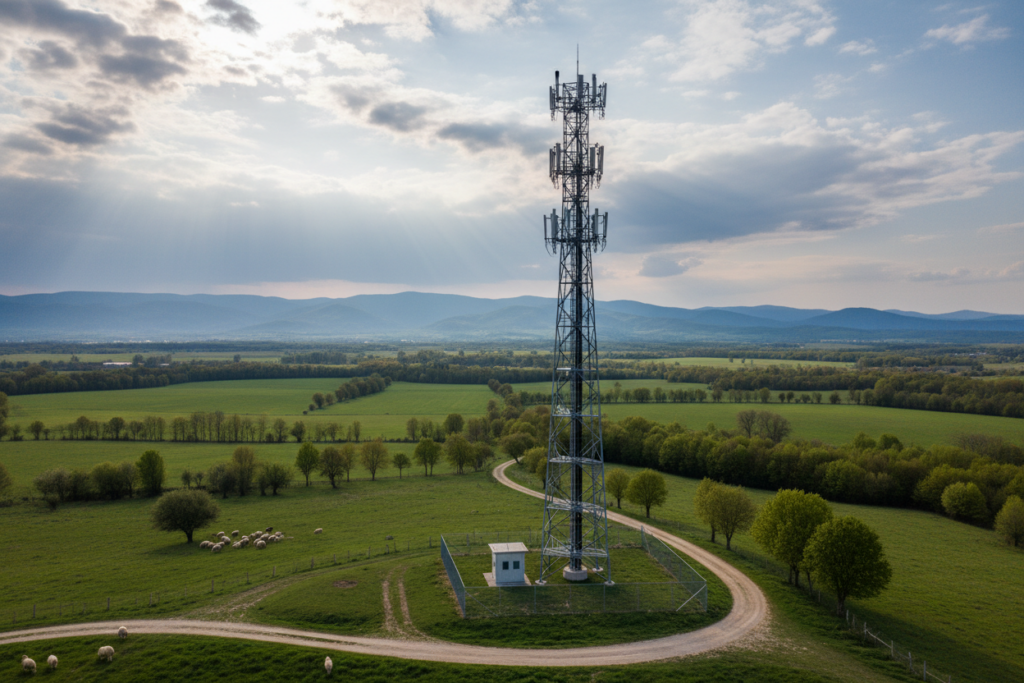 Ein hoher Mobilfunkmast steht auf einer grünen Wiese mit grasenden Schafen vor einer hügeligen Landschaft.